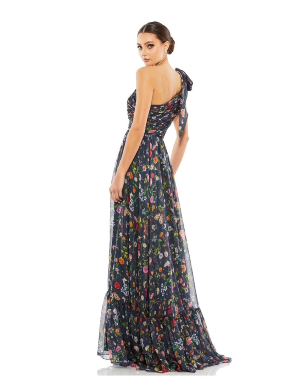 Women's Mac Duggal One Shoulder Floral Maxi Dress Navy Multicolor Sz4 - Picture 2 of 9